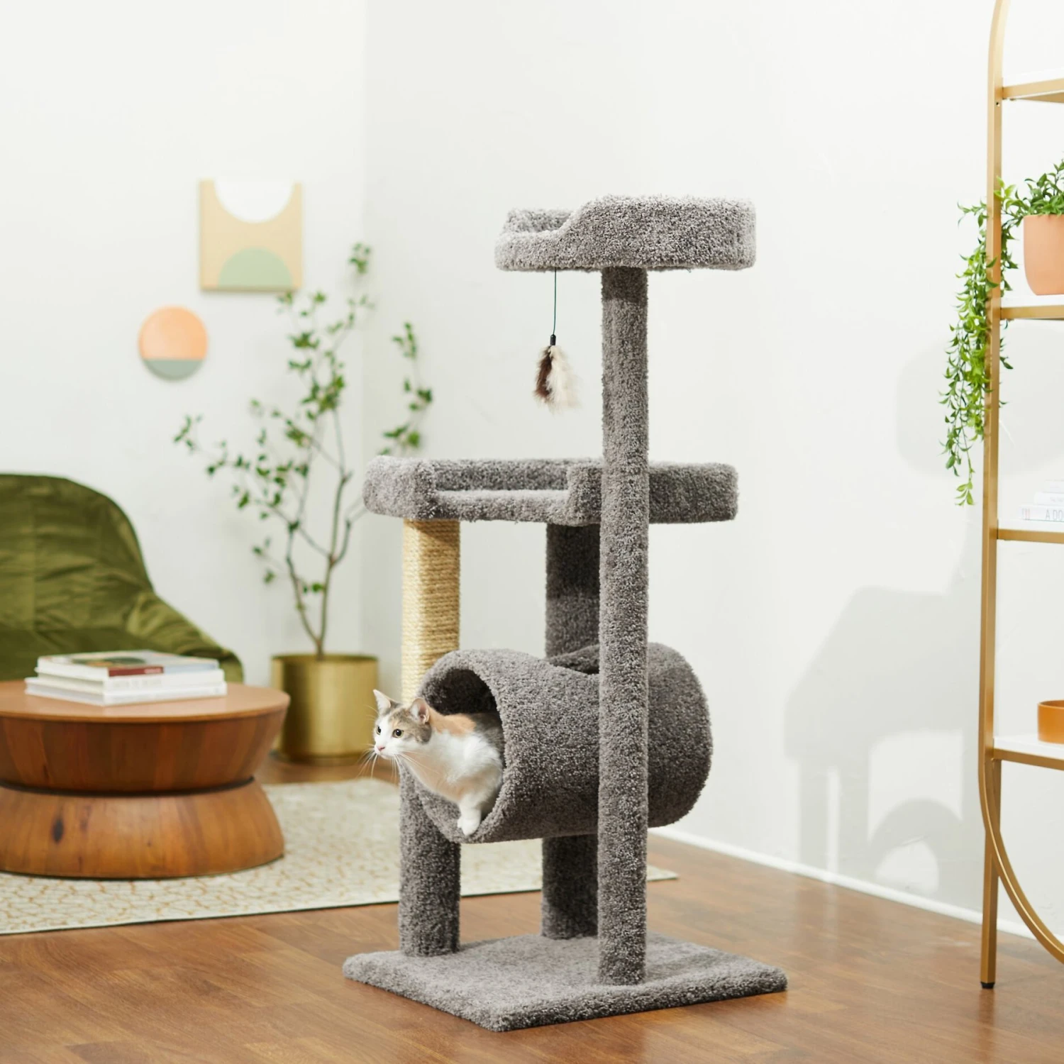 Frisco 54-in Real Carpet Cat Tree With Tunnel And Square Perches 3 Frisco 54-in Real Carpet Cat Tree With Tunnel And Square Perches